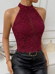 Firerie Women's Fashionable Contrast Lace Backless Camisole, Summer,Summer Top - Burgundy - View 4