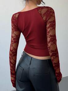 Aloruh Women's Lace Crew Neck Long Sleeve Fitted Cropped Fashionable T-Shirt - Burgundy - View 2