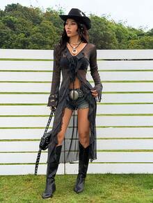 SHEIN EZwear 女士黑色网纱透视荷叶边V领长袖上衣 - 黑色 - 查看 5