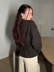 Abrilcols Casual Solid Color Drop Shoulder Loose Cardigan, Autumn/Winter - Chocolate Brown - View 2