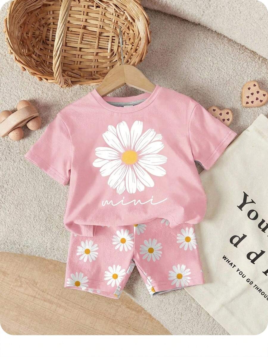 2pcs Baby Girls Daisy Floral Pattern Casual Homewear Set, T-Shirt And Shorts, Suitable For Summer - Multicolor - View 1