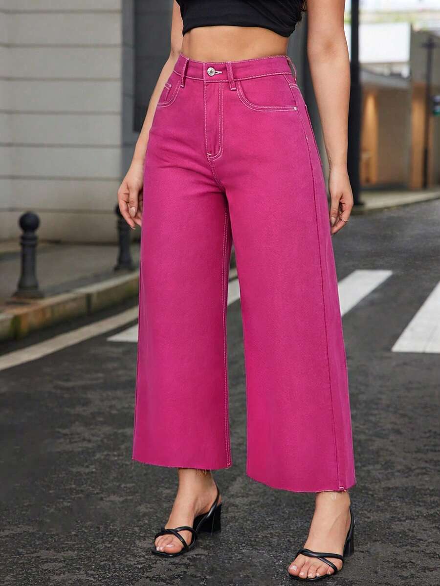 SHEIN Unity Solid Color Slant Pocket Casual Versatile Wide Leg Jeans - Red - View 1