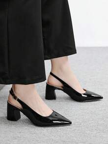 CUCCOO BIZCHIC 1. Patent Leather Pointed Toe Backless Sandals, Chunky Heel Commuter French Elegant Shoes, Glossy Black / 2. Burgundy Pointed Toe Shoes, Retro Chunky Heel Backstrap High Heels - Black - View 4