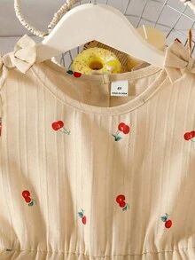 Genkimix Kids Young Girls Cute Cherry Print Camisole,Wide Leg Casual Jumpsuit With Bow,Pockets Sleeveless Romper Summer Matching Y2K Family Vacation Outfit - Khaki - View 3
