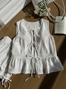 SHEIN EZwear 大尺碼女款純棉兩件套，白色紅白格紋繫帶前襟三蝴蝶結上衣與短褲，夏季海灘度假居家休閒套裝 - 白色 - 查看 7