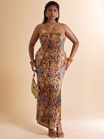 SHEIN BAE Plus Size Women Spaghetti Strap Leopard Print Patchwork Sequin Gold Dress, Vacation