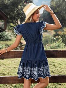 Breezaya 女士印花深V领系腰带短袖牛仔连衣裙 - 藍色 - 查看 2