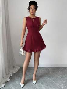 Elenzga New Arrival Women's Round Neck Bow Tie Design Open Slit Sleeveless Fitted Hem Contrast Color Pleated Elegant Versatile Commute Date Party Mini Dress - Burgundy - View 6