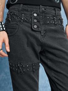 ROMWE MEN Men's Metal Rivet Layered Denim Jeans - Brown - View 2