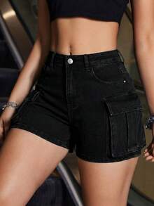 Jeanoix Quần short denim nữ đơn giản, màu trơn, có túi, dáng ôm, thích hợp mặc mùa hè. - màu đen - Xem 5