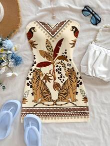 Soleia Casual Vacation Style Apricot Background Parrot Tiger Animal Coconut Tree Geometric Combination Retro Pattern Placement Print Women Mini Dress, Suitable For Spring/Summer Vacation - Multicolor - View 3