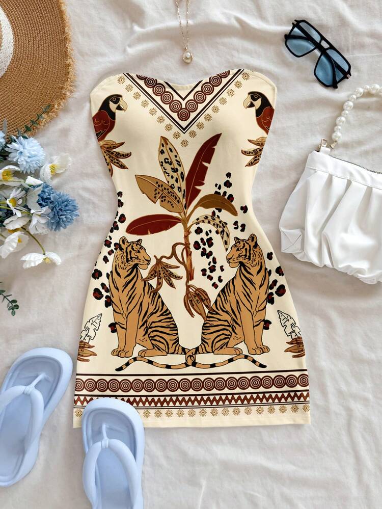 Soleia Vestido Curto Feminino com Estampa Retrô de Combinação de Papagaio, Tigre, Árvore de Coco e Geometria em Bottom Laranja, Estilo Casual de Férias, Adequado para Férias na Primavera/Verão - Multicolorido - Visão 3