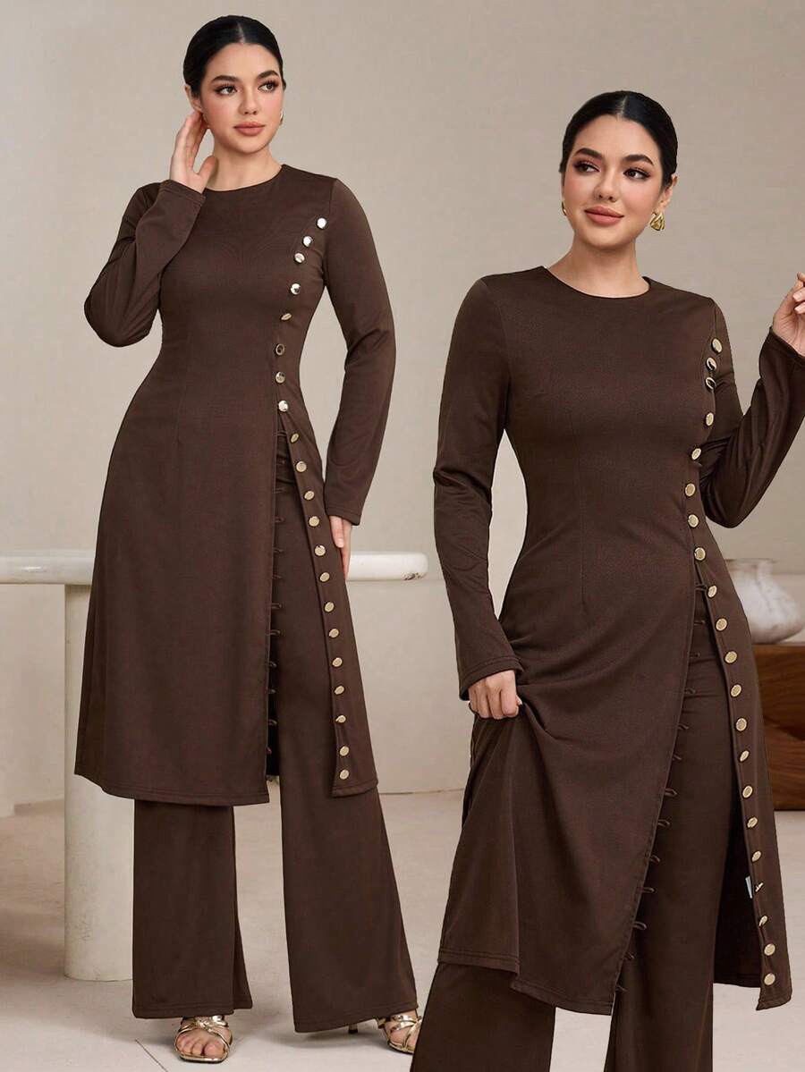 Graceveil Conjunto de bata y pantalones anchos de estilo árabe con botones metálicos decorativos de unicolor y minimalista retro para mujer - Marrón - Ver 1