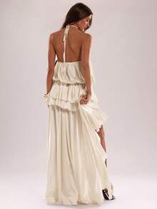 SHEIN BAE Vestido de verano elegante de unicolor para mujer, con escote halter sin espalda, parte delantera corta y parte trasera larga - Albaricoque - Ver 2
