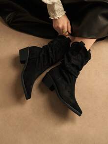 Rosivie Women's Pointed Toe Pleated Casual Fashion Chunky Heel Ankle Boots - Black - View 4