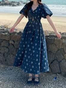 DAZY 女士V领短袖印花收腰优雅泡泡袖休闲连衣裙波西米亚风 - 藍色 - 查看 4