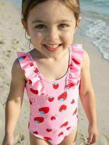 1件女婴草莓印花荷叶边肩部弹力速干舒适针织面料连体泳衣，适合海滩、泳池、海边、冲浪、度假、夏季旅行 - 粉色 - 查看 3