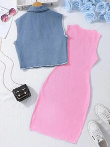 SHEIN Bộ 2 món cho bé gái tuổi teen: Áo hai dây dệt kim màu đen kèm áo khoác denim, trang phục thường ngày đi làm. - Hồng - Xem 2