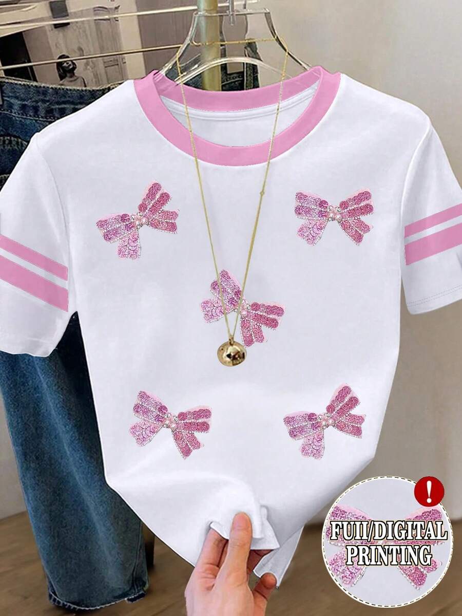 Resyla Casual Bow Print Round Neck Short Sleeve T-Shirt, Summer - White - View 1