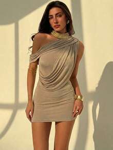 Aloruh Women's Elegant Sexy Asymmetric Neck Mini Dress, Summer - Apricot - View 11