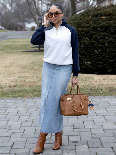 Melissa Matos 双色四分之一拉链插肩袖运动衫，长袖上衣