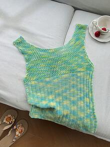 SHEIN SunnyBelle Y2K Women's Hollow-Out Gradient Knit Sleeveless Crop Top With Waist Cinching, Suitable For Spring/Summer Island Vacation - Multicolor - View 4