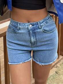 DAZY Women's Cotton Blue Solid Color Frayed Hem Casual Slim Fit Denim Shorts, Summer - Blue - View 6