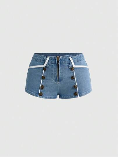 ROMWE Grunge Punk Y2K Vintage Navy Style Ultra Low Waist Retro Blue Denim Metal Anchor Button Mini Denim Shorts