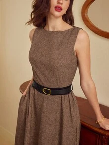 Vintamour Elegantes Vintage-Kleid für Damen, figurbetontes Bootausschnitt-Etuikleid mit ärmellos für Frühling/Sommer, in Grau, mit Taschen, Gürtel und ausgestelltem Saum, Langes Kleid - Braun - Übersicht 6