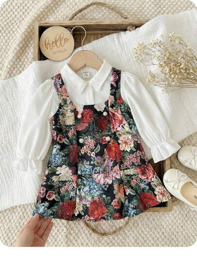 SHEIN Buy One Get One Free 2-Pack Cute Baby Girl Elegant And Cute Khaki Long-Sleeved Shirt Floral Pattern Dress Set Suitable For Birthday Parties, Evening Parties, Performances, Weddings, Baptisms, Opening Ceremonies, Suitable For Daily Use, Suitable For School, Suitable For Travel, Suitable For Autumn And Winter