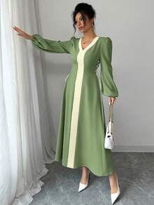 Modelyn 女士撞色系带腰部A字连衣裙 - 綠色 - 查看 5