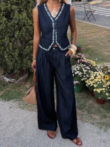 DAZY Women's Casual Denim Vest And Jeans Set, Summer - Blue - View 1