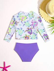 SHEIN Young Girl New Fashion Colorblock & Full Print Swimming Suit Set - Multicolor - View 2