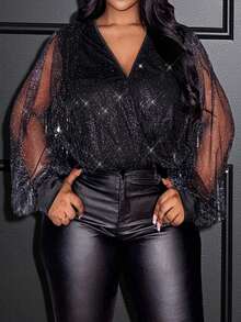 Slaydiva Plus Size Black Party Bodysuit With V Neck Wrap Detail And Semi-Sheer Bishop Sleeves Knitted Fabric Top - Black - View 4