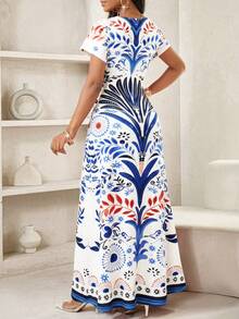 SHEIN Lady 女士度假植物印花圆领短袖休闲连衣裙 - 彩色 - 查看 2