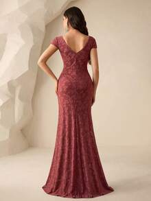 Coutiva 甜心领口泡泡袖花卉贴花荷叶边下摆优雅新娘母亲礼服 - 乾枯玫瑰色 - 查看 2