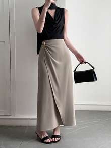 DAZY Women's Solid Color Metal Decor Elegant Office Skirt Summer - Khaki - View 7