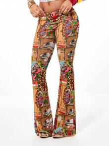 SUMWON WOMEN Quần ống loe cạp thấp bằng vải lưới in họa tiết lấy cảm hứng từ phong cách cổ điển, kết hợp họa tiết nhiệt đới và da báo, thích hợp cho thời trang hè thường ngày. - Nhiều màu - Xem 1