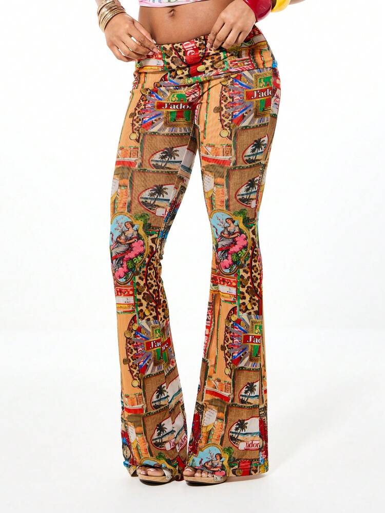 SUMWON Pantalones acampanados de tiro bajo con estampado de malla inspirados en el estilo vintage, con diseño de mezcla de estampados tropicales y de leopardo para la moda casual de verano
