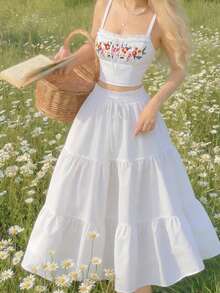 SHEIN MOD Women Floral Print Camisole Top With Ruched Bust And Layered Hem Skirt 2 Pieces Set,Vacation Outfits Women ,Valentine's Day ,Tea Party ,Spring/Summer Outfits,Beach Outfits,Spring Outfits,Boho Outfits,Carnival Costumes - White - View 1