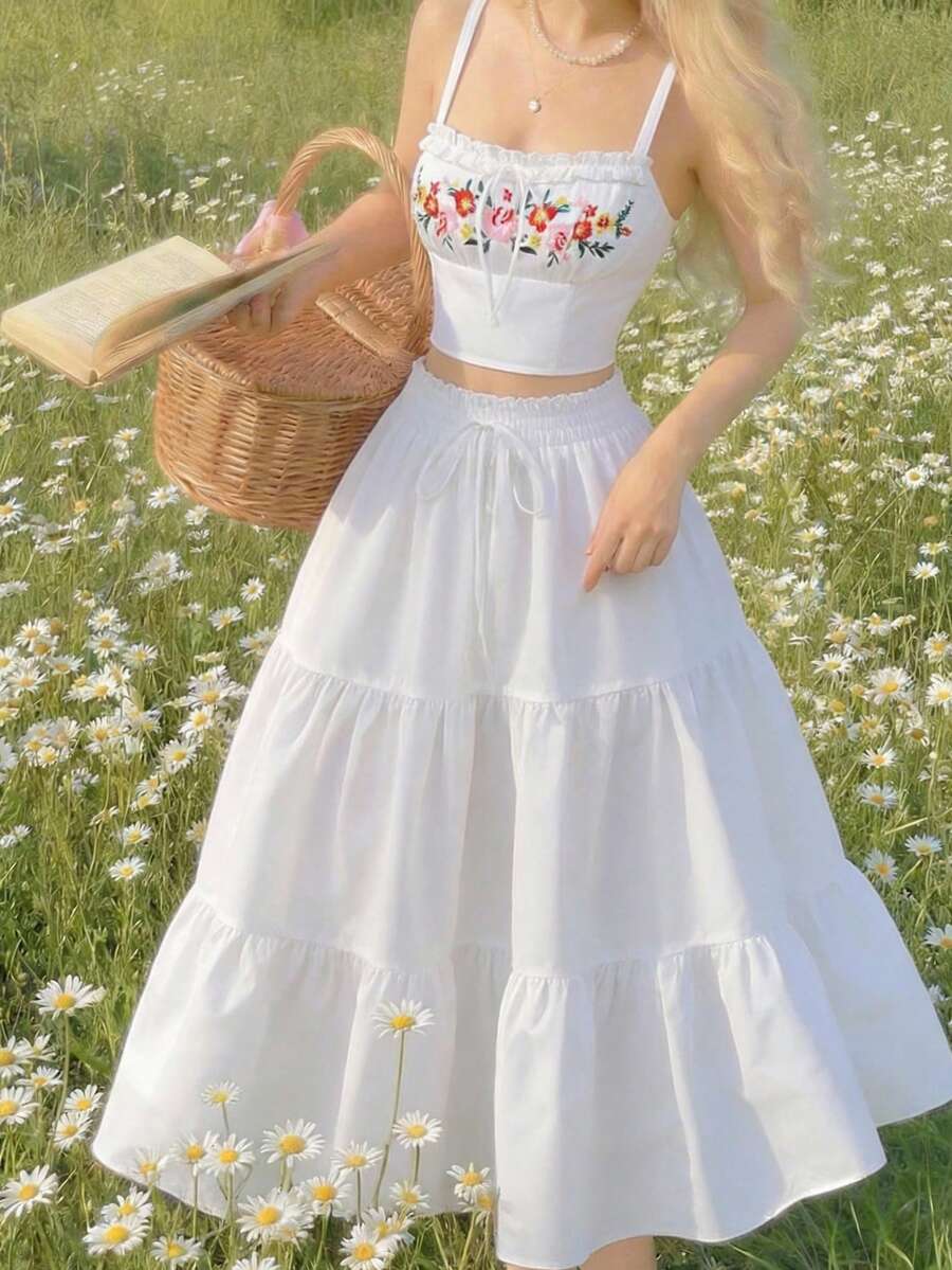 SHEIN MOD Women Floral Print Camisole Top With Ruched Bust And Layered Hem Skirt 2 Pieces Set,Vacation Outfits Women ,Valentine's Day ,Tea Party ,Spring/Summer Outfits,Beach Outfits,Spring Outfits,Boho Outfits,Carnival Costumes - White - View 1