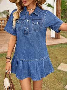 EMERY ROSE 女士休闲褶皱牛仔连衣裙，夏季 - 深色水洗藍 - 查看 6