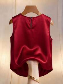 Franclia Plus Size Women's Elegant Summer Satin Pearl Decor Tank Top,Red V-Neck Sleeveless Top For Party,Formal Events,Dates,Maroon Burgundy Wine Red Tops - Burgundy - View 2