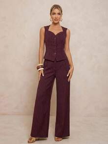 Lumalex Bộ đồ nữ mùa xuân/hè, tiệc tùng, tiệc chiêu đãi, trang phục sang trọng, lấp lánh, tiệc lễ hội, dã ngoại, kỳ nghỉ, ngoài trời, tiệc cưới, lễ trưởng thành, màu đỏ tía sọc, cổ đứng, khoét eo, khuy kim loại, ống quần thẳng, kèm áo vest không tay, sang trọng, dự tiệc prom, Giáng sinh, Năm mới, quần áo ấm áp mùa thu và đông cho nữ. - Màu Đỏ Sâu - Xem 3