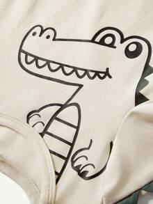 Cozy Pixies Baby Boy Cartoon Dinosaur Pattern Short Sleeve T-Shirt With 3D Spike Design Round Neck And Shorts Casual Outfits - Apricot - View 4