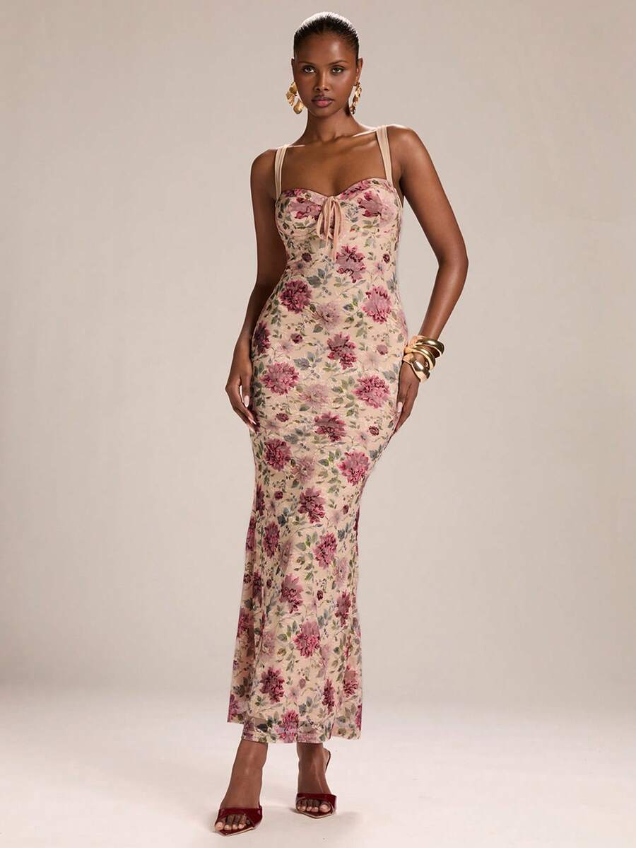 SHEIN BAE 杏色底红色花卉蕾丝吊带胸罩分叉鱼尾裙摆连衣裙，蕾丝连衣裙，花卉连衣裙，优雅连衣裙，情人节连衣裙 - 杏色 - 查看 1