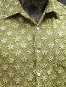 Manfinity CasualCool 男士夏季度假提花短袖纽扣衬衫短裤套装，男士复古风，日常休闲，周末旅行，户外活动，探险旅行，轻松工作环境或半正式场合，男友/丈夫礼物，周年纪念/生日礼物，派对夏季假期，婚礼，春夏交替，狂欢节，男士时尚浅绿色夏季套装，提花花卉图案短袖衬衫和抽绳短裤，男士两件套纽扣衬衫，男士花卉套装，男士两件套夏季套装，几何印花男士服装，男士衬衫套装 - 綠色 - 查看 5