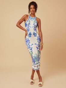 Travachic 女士碎花吊带中长连衣裙，侧开衩下摆，适合度假穿着 - 藍白色 - 查看 4