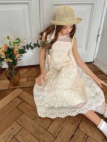 DAZY 少女花卉刺绣网纱圆领无袖休闲可爱连衣裙 - 米色 - 查看 5