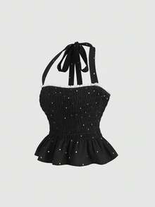 SHEIN Unity 女款黑白波點夏季可愛茶會約會之夜外訪掛脖上衣 優雅Y2K蝴蝶結荷葉邊飾綁帶蕾絲襯衫 - 黑色 - 查看 8